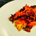 Geriebene Kartoffeln, Rote Beete und Möhren a la plancha